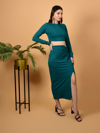 Flawless Women's Teal Cotton Lycra Sexy Top and Front Slit Skirt Party Co-Ord Set | KILLY Being Flawless