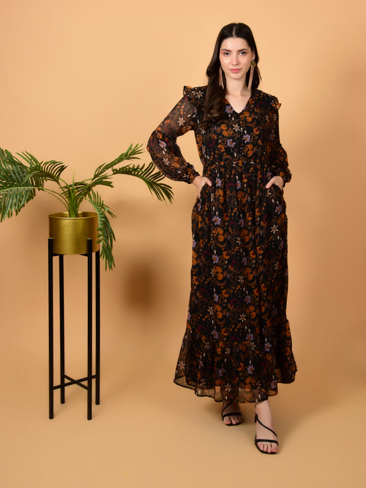 Flawless Brown Print Flared Dress For Women | PIPPA Being Flawless