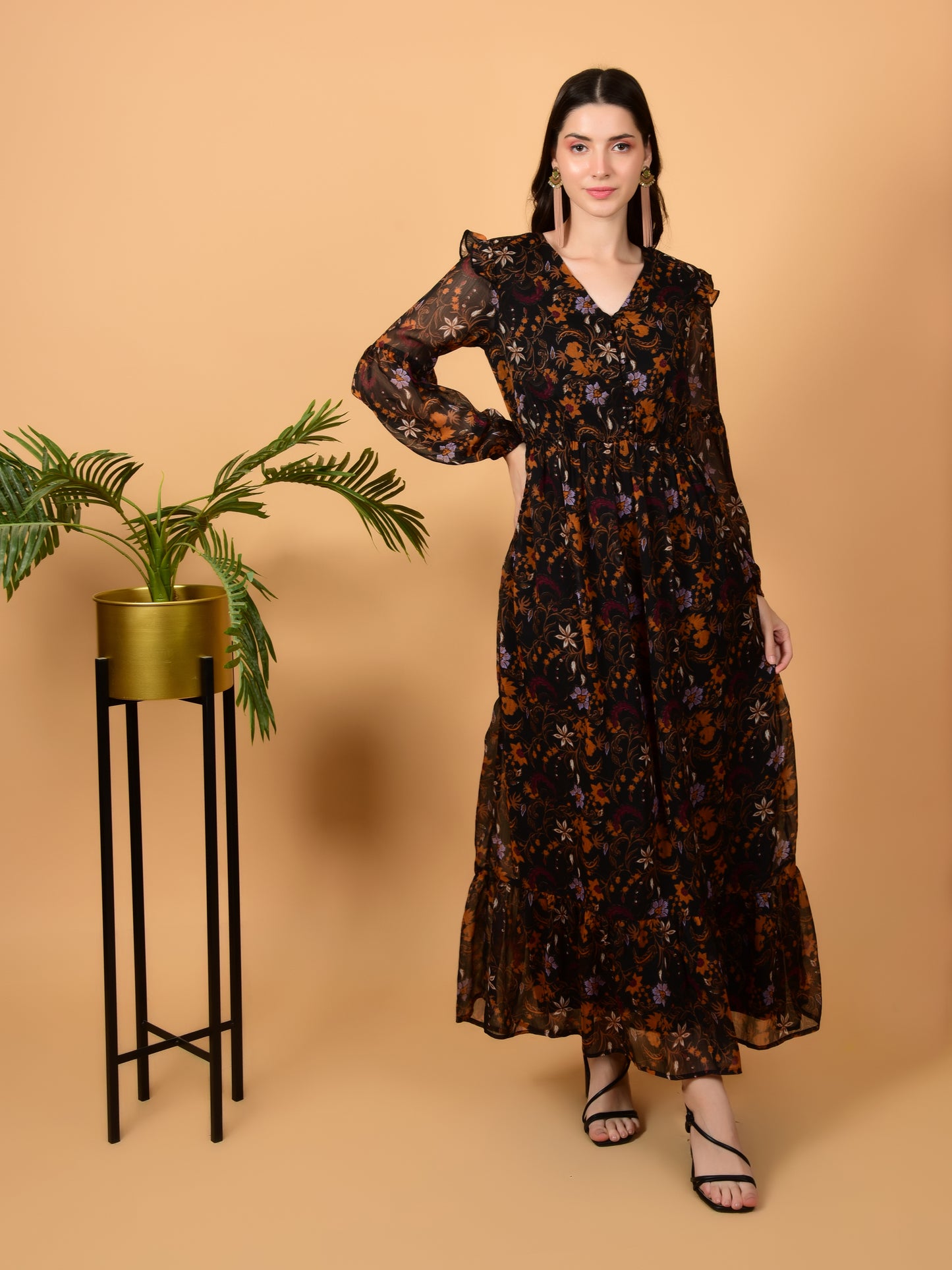 Flawless Brown Print Flared Dress For Women | PIPPA Being Flawless