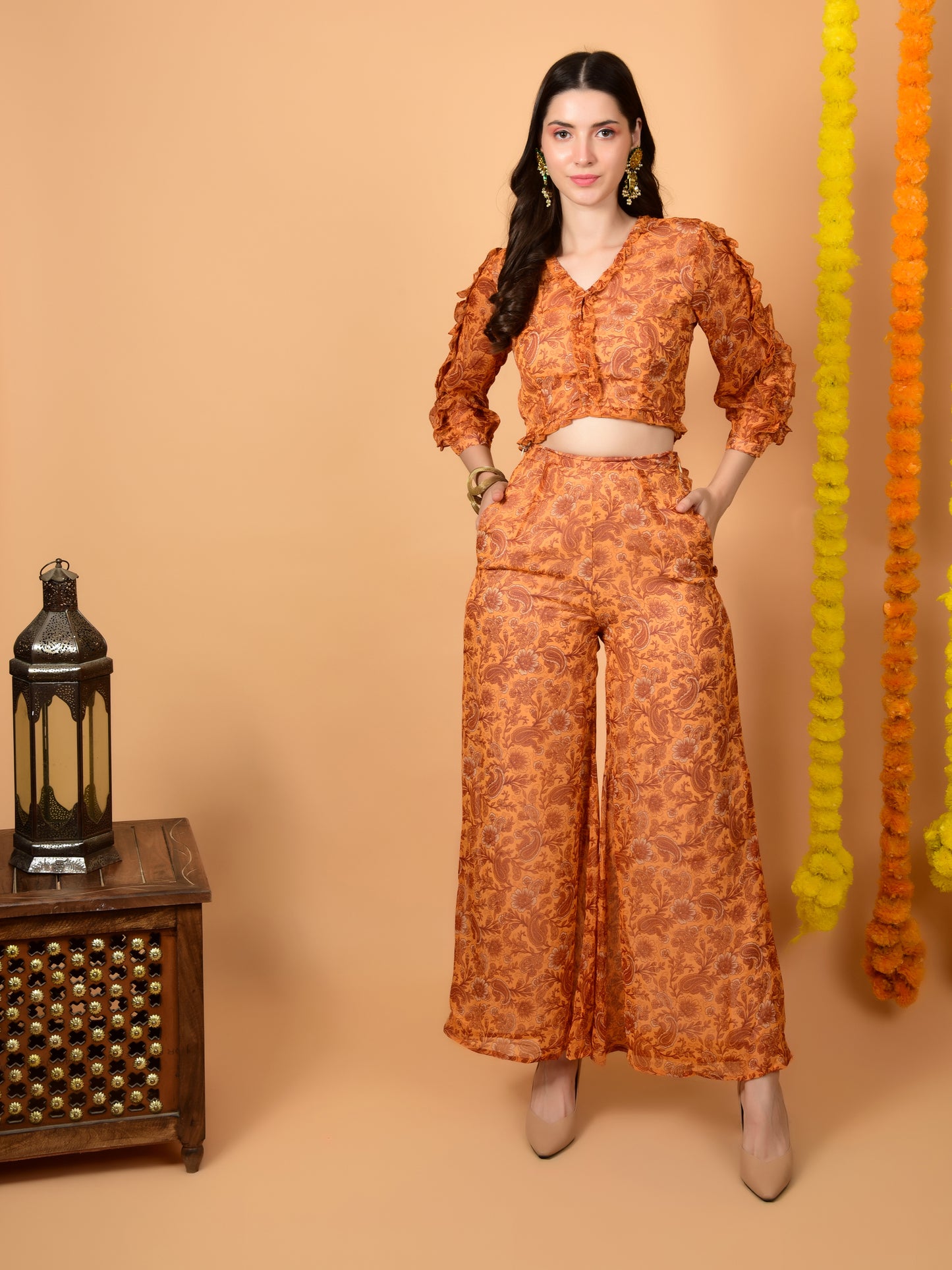 Flawless Women Party Wear Yellow Print Co-ord Set | SELVA Being Flawless