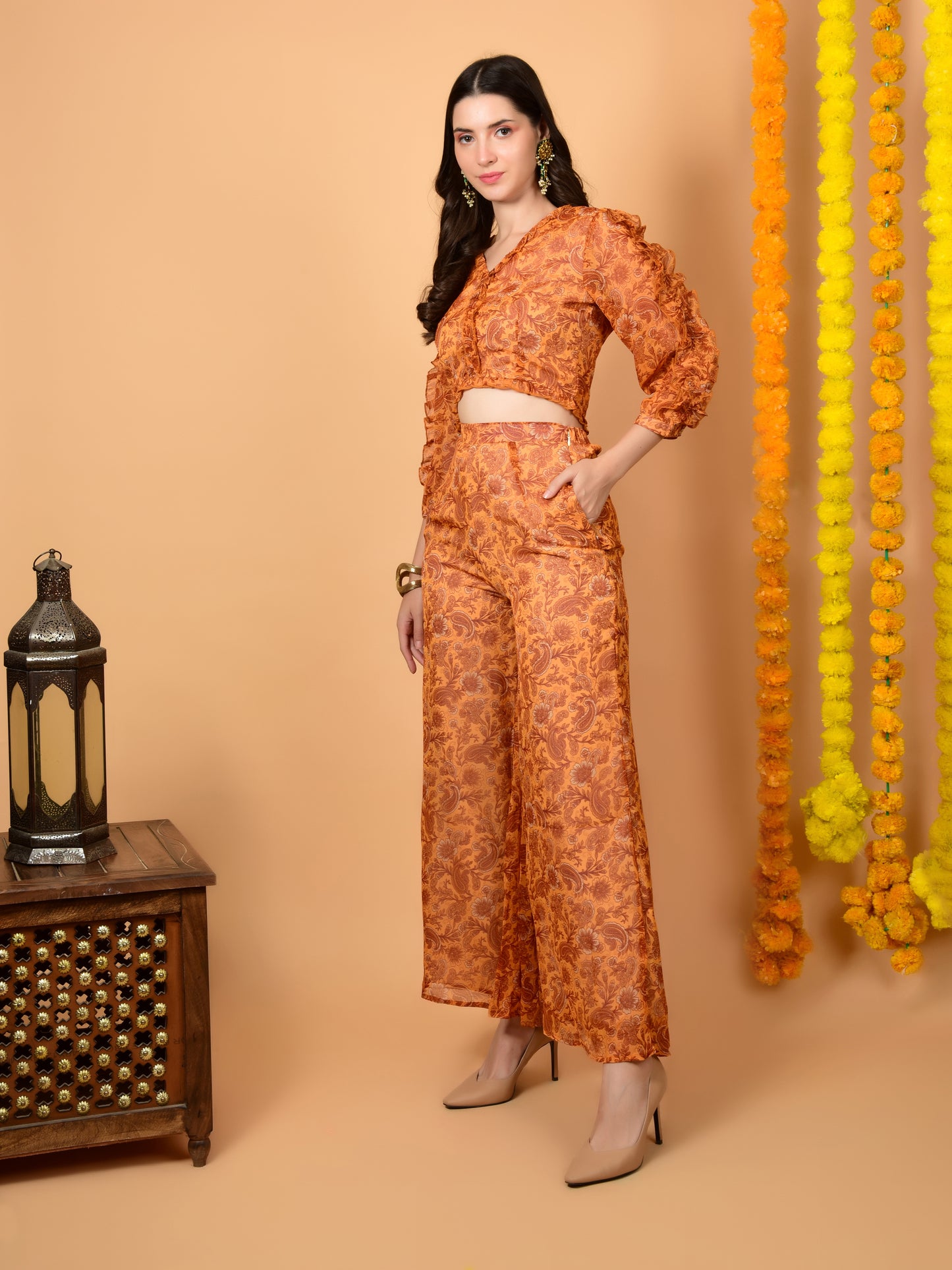 Flawless Women Party Wear Yellow Print Co-ord Set | SELVA Being Flawless