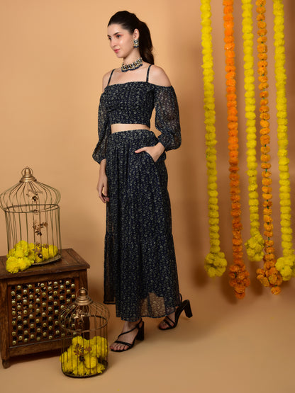 Flawless Party Wear Navy Print Co-ord Set For Women | TIMITHY Being Flawless