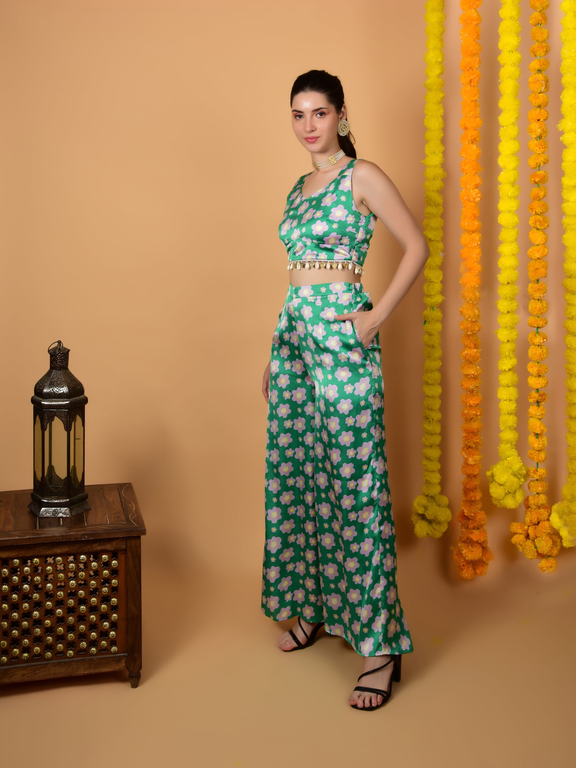 Flawless Women's Green Satin Co-Ord Set | STELA Being Flawless