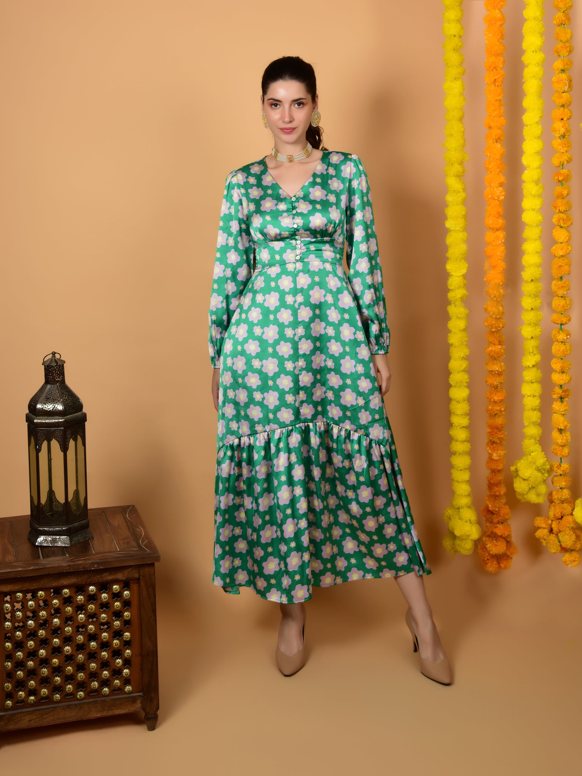 Flawless Women Preety Green Print Dress | MEDOW Being Flawless