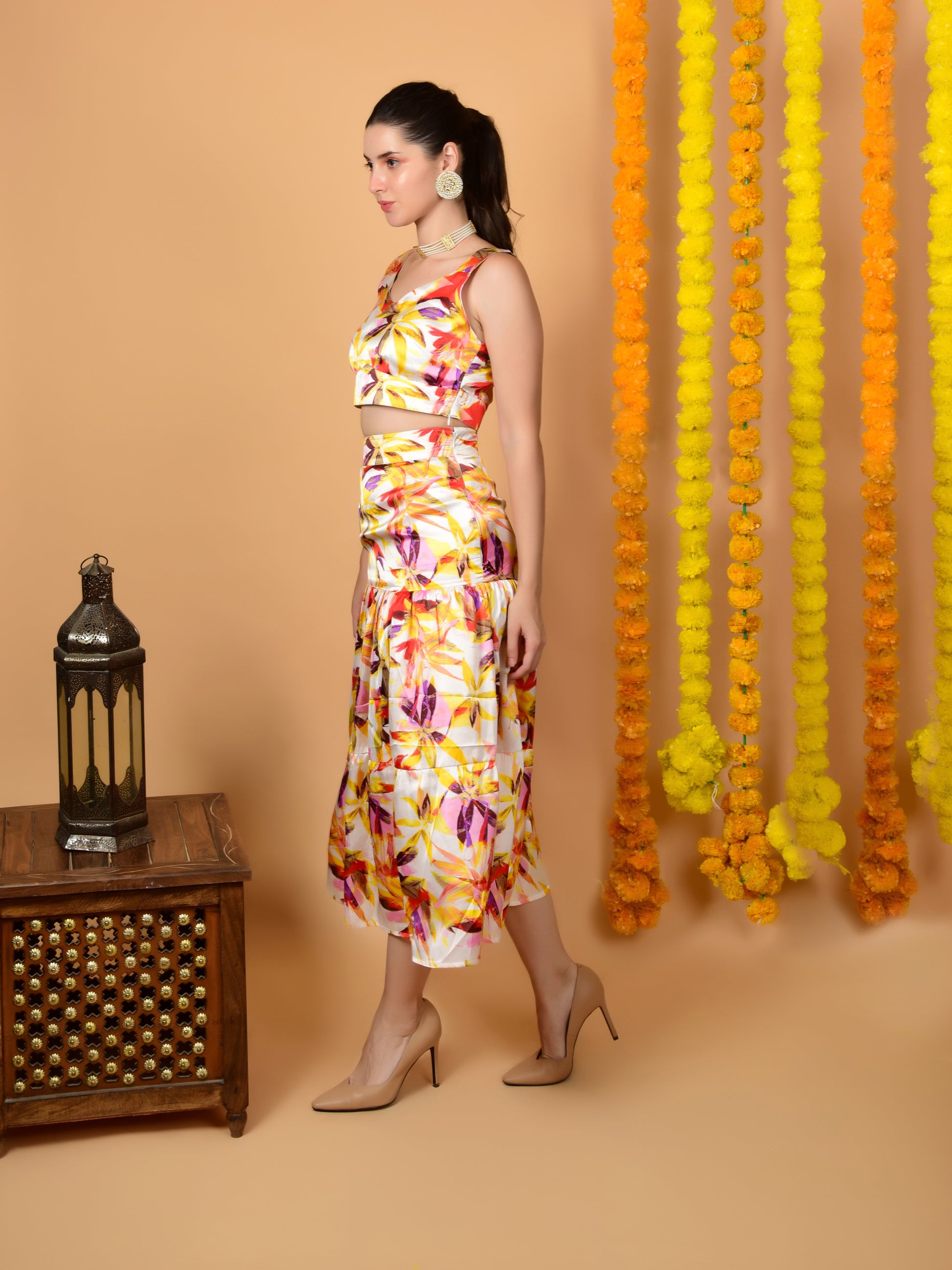 Multicolor Printed Satin Crop Top & Skirt Set - Festive & Party Ready! Being Flawless