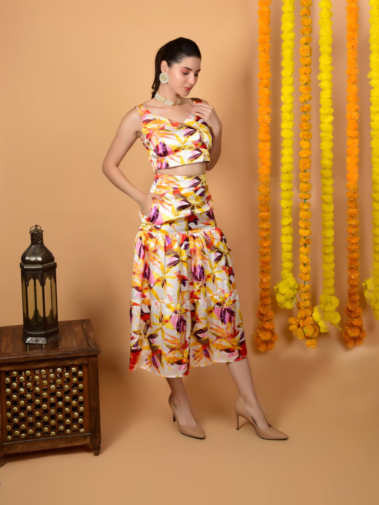 Multicolor Printed Satin Crop Top & Skirt Set - Festive & Party Ready! Being Flawless