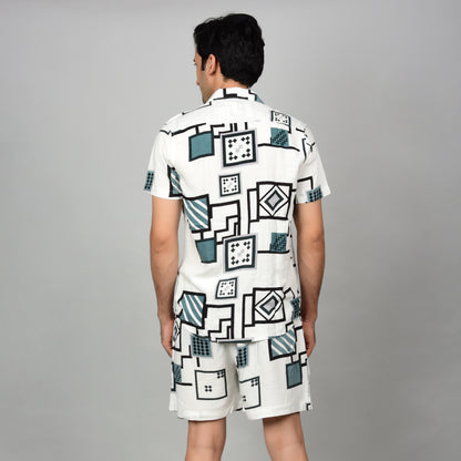 Men Off-White Geometric Cord Set - Casual Shirt & Short Set Being Flawless