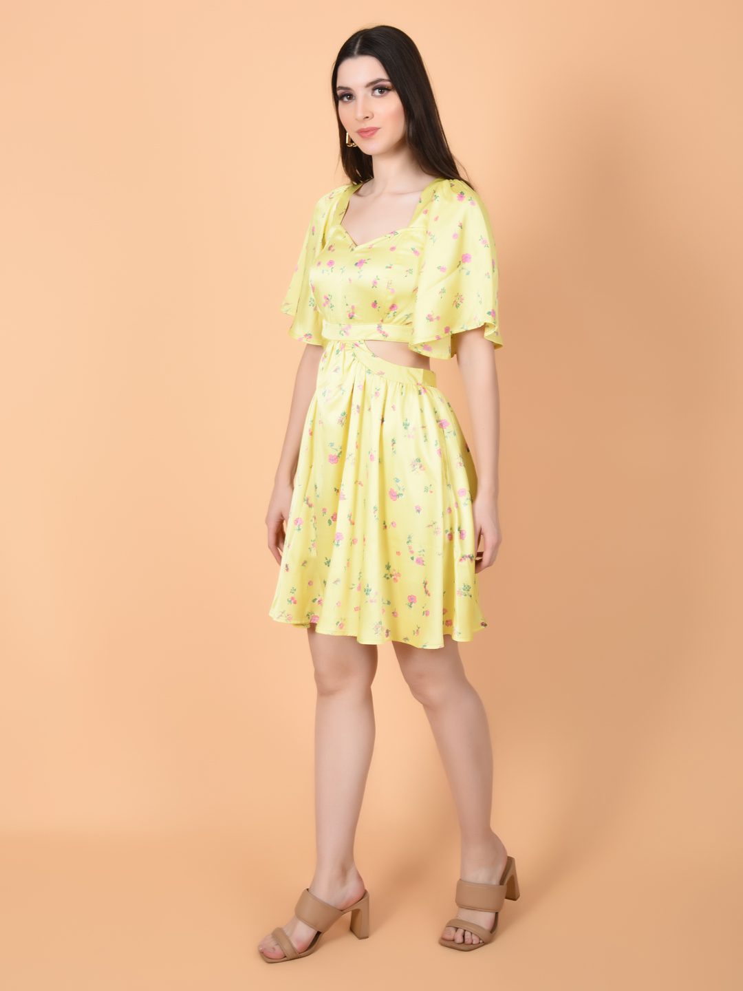 Yellow Print Dress in Luxurious Satin | ALAN Being Flawless