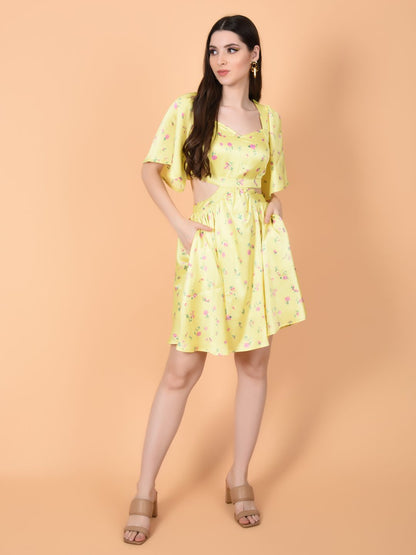 Yellow Print Dress in Luxurious Satin | ALAN Being Flawless