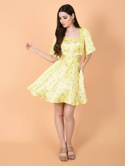 Yellow Print Dress in Luxurious Satin | ALAN Being Flawless