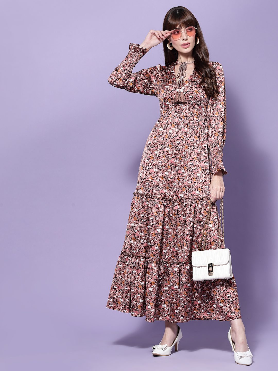 Women Floral Maxi Satin Dress-DUSK Being Flawless