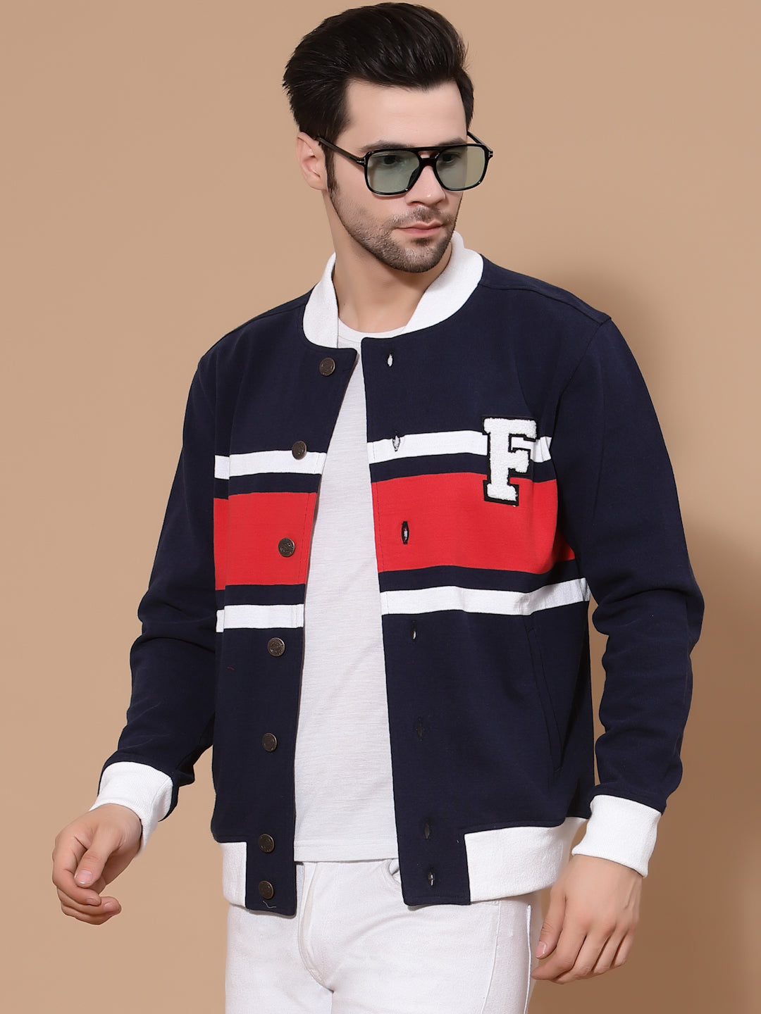 Flawless Men Colourblocked Cotton Bomber with Patchwork Jacket Being Flawless
