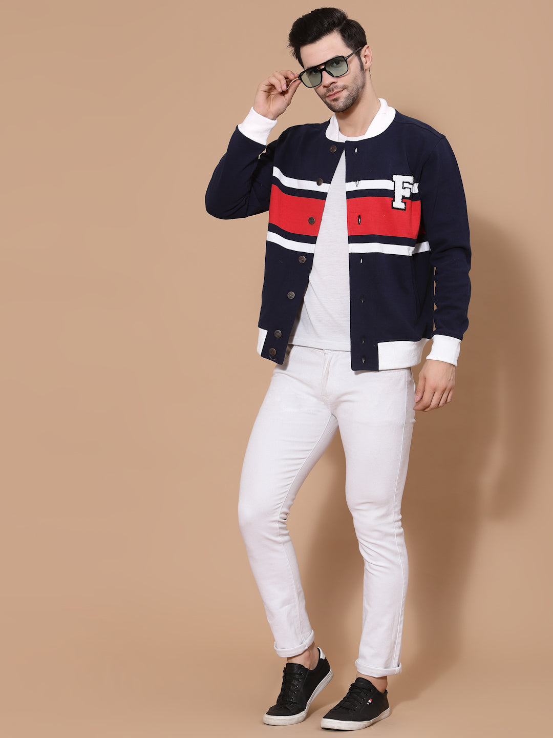 Flawless Men Colourblocked Cotton Bomber with Patchwork Jacket Being Flawless