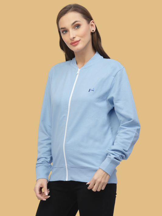 Flawless Women Blue Solid Zipper Sweatshirt Being Flawless