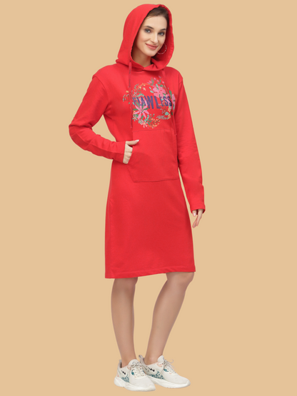 Flawless Women's Red Hooded Dress For Winter Being Flawless